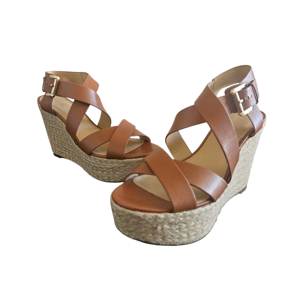 Michael Kors Celia Mid Wedge Brown Leather Platform Espidrille Sandals S…